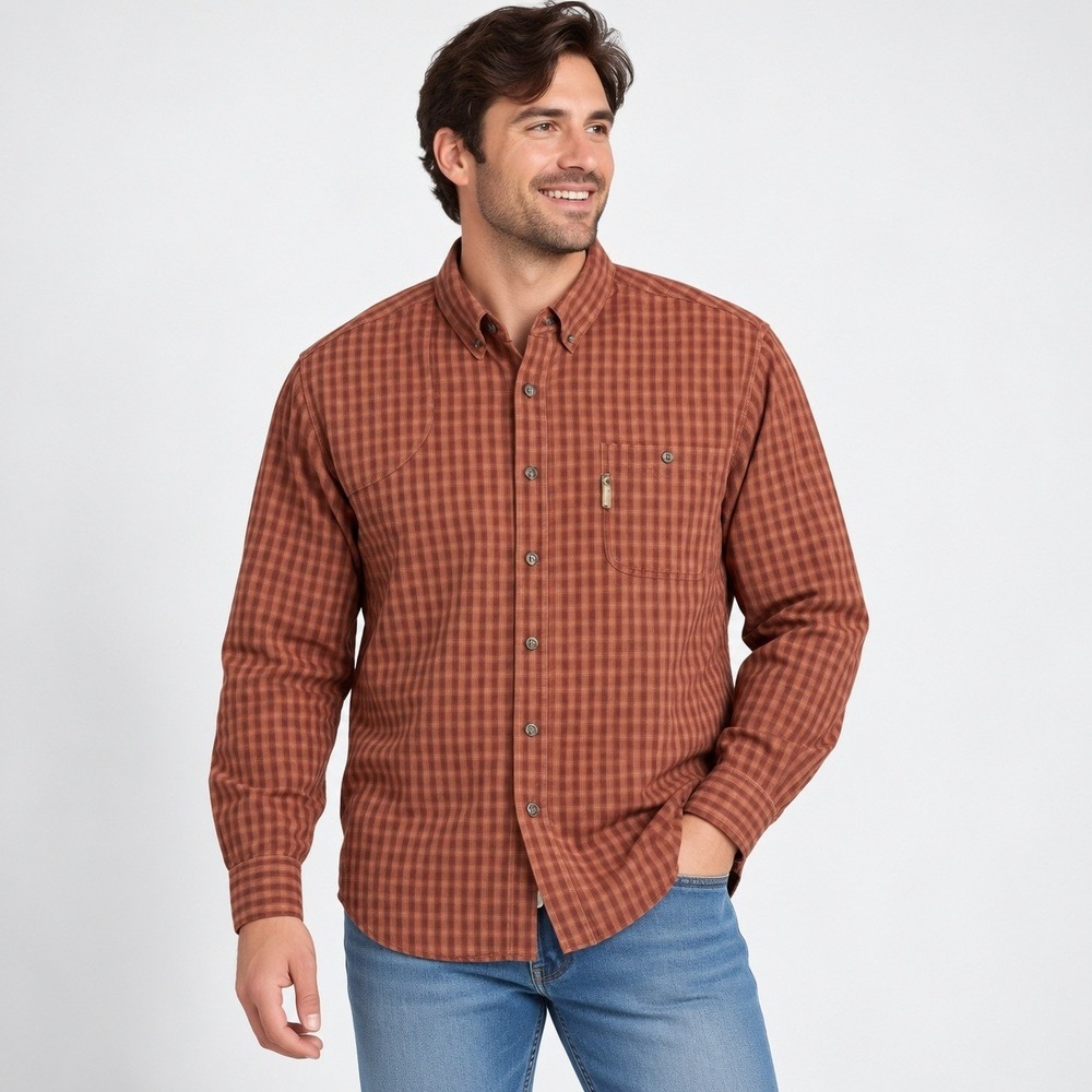 Columbia River Lodge Shirt Mens L Rust Orange Plaid Cotton HM7050 Long Sleeve